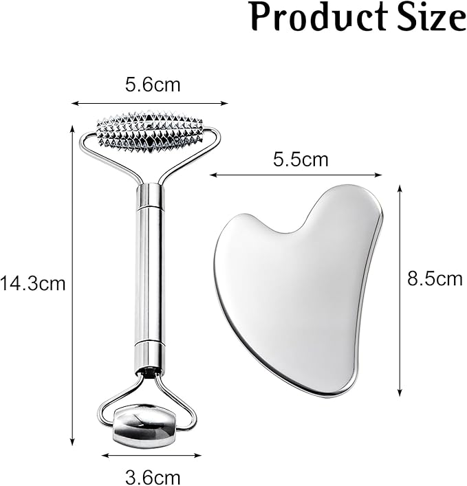 Gua Sha Facial Tools and Face Roller Set, Lymphatic Drainage Massager，Stainless Steel Facial Sculpting Eyes Roller Guasha for Face, Chin & Jawline Sculpting,Skin Care