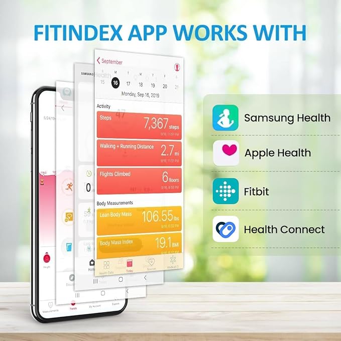 FITINDEX Scale with BMI, Body Fat, Muscle Mass, Smart Scale for Body Weight, Bluetooth, Digital, Sync with App, User Health Equipment