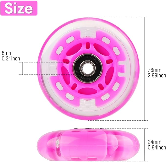 8pcs Inline Skate Wheels Led Light-Up Wheels 64/70/72/76/80mm w/Bushings 85-88A for Kids and Youth Beginners Children's Inline Skates Indoor/Outdoor Use (Pink, 76mm)