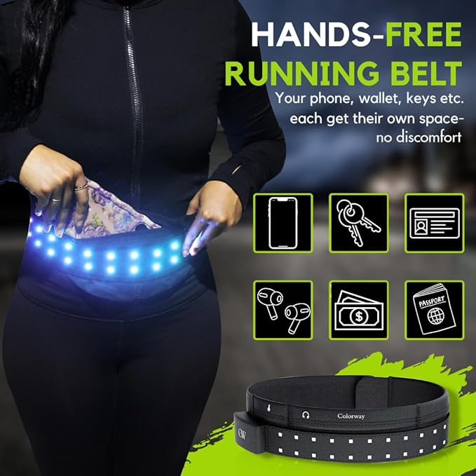 Colorway Led Running Belt – Day & Night Adjustable Waist Pack, Removable Light Strip, 3 Pouches for All Essentials, Reflective Running Gear for Men & Women (Rechargeable, Machine Washable)