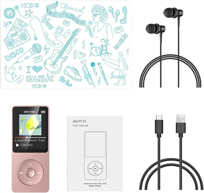 AGPTEK A02S 16GB MP3 Player, 70 Hours Playback Lossless Sound Music Player, Supports up to 128GB, Rose Gold