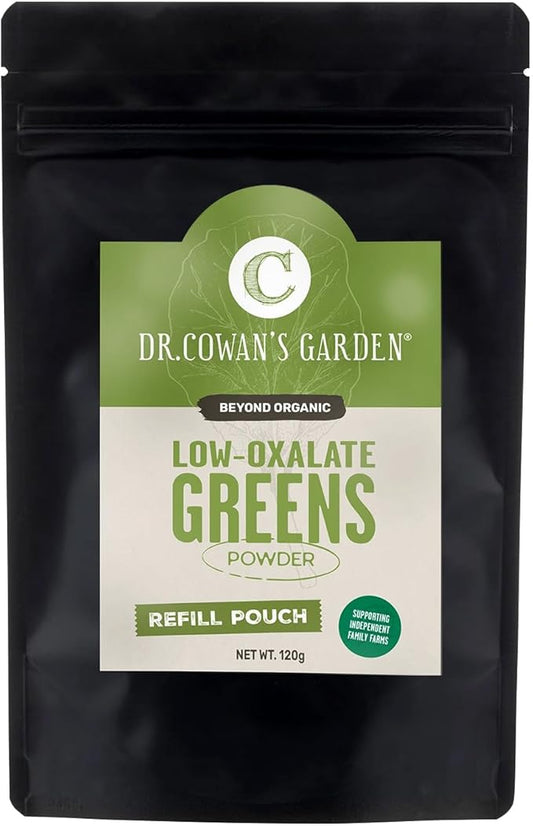 Dr. Cowan's Garden Low-Oxalate Greens Veggie Powder Refill Pouch - Beyond Organic Superfood Greens Vegetable Powder for Drinks and Food - Lacinato Kale, Mustard Leaves, and Collard Greens