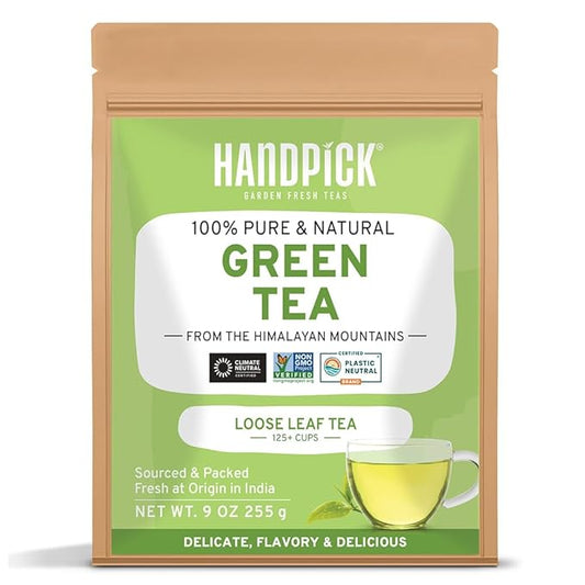 HANDPICK, Green Tea Loose Leaf (255g/9oz) +100 Cups | Non-GMO, 100% Pure Green Tea Leaves Sourced from Himalayas, India | Resealable Ziplock Pouch