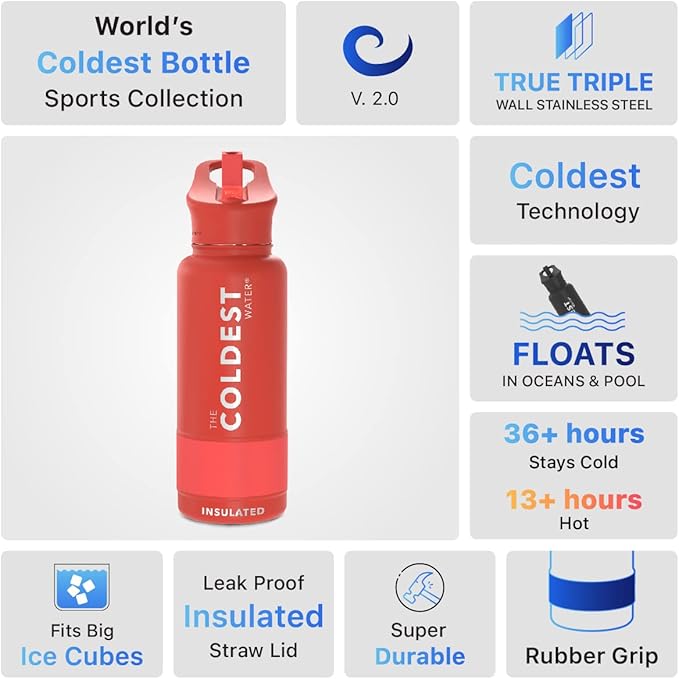 Coldest Insulated Water Bottle with Straw Lid - Stainless Steel Metal Insulated Bottle for Men & Women (Crimson Red, 32 oz)