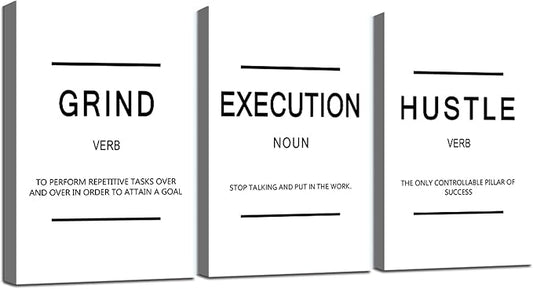 Framed Canvas Wall Art Success Quote - Office Wall Art, White Large Poster, Positive Motivational Set of 3 Prints, Execute Grand Hustle Poster, Inspirational Print (C-3pcs,20x30inchx3pcs)