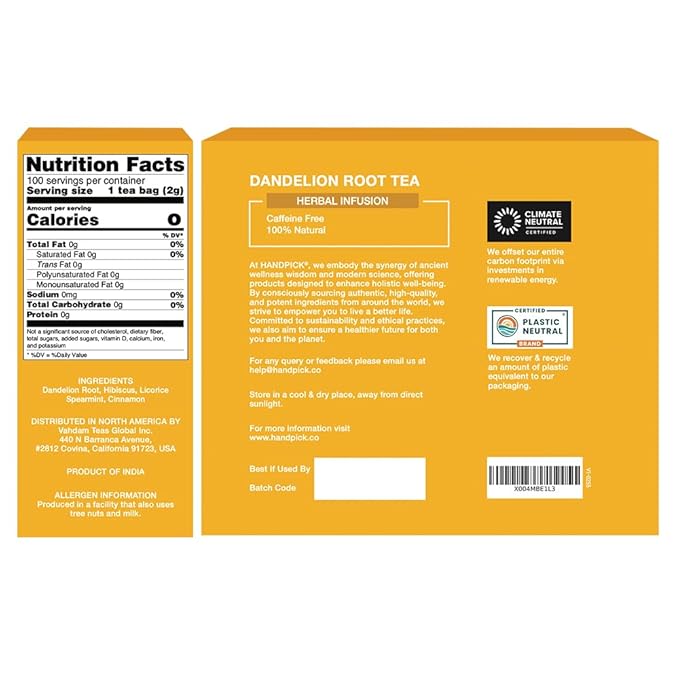 HANDPICK, Dandelion Root & Leaf Tea Bags (100 Herbal Tea Bags) Caffeine-Free Herbal Blend | Eco-Conscious Teabags | Direct from Source