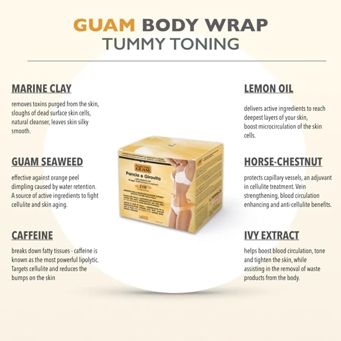 Guam Tummy & Waist, Stomach Wrap for Cellulite Reduction, Tighten Loose Belly Skin | Anti-Cellulite Lipo Wraps for Stomach, Seaweed + Caffeine | Cellulite Remover Tummy Wrap, 2.2LB