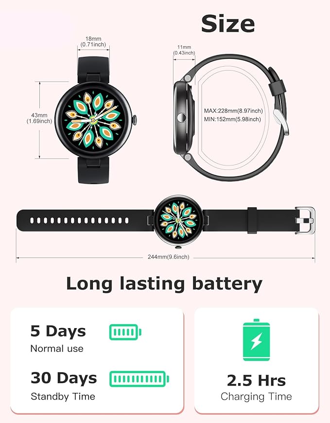 Fitness Tracker, Round Fitness Watches for Women with Bluetooth Call Heart Rate Monitor Sleep Tracker Calorie/Step Counter, Birthday Gift for Women Lady Mom Waterproof (Black)