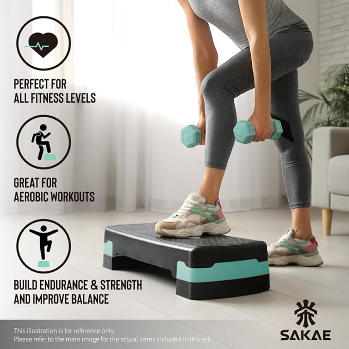 Aerobic Stepper Set with Dumbbells & Measuring Tape, Adjustable Height 2 Level Risers Workout Exercise Step Platform, 4 Colors, the Ultimate Gift for a Joyful Holiday and Merry Christmas