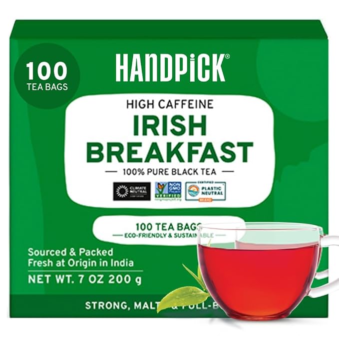 HANDPICK, Irish Breakfast Black Tea Bags (100 Count) Gluten-Free, Non-GMO | Strong, Robust & Bold Flavor | Round Eco-Conscious Tea Bags