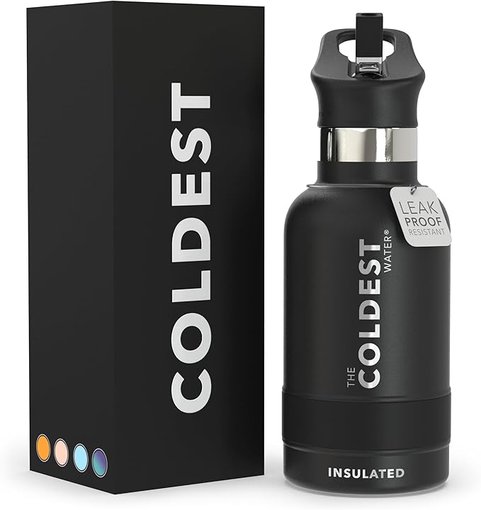 Coldest Insulated Water Bottle with Straw Lid - Stainless Steel Metal Insulated Bottle for Men & Women (Stealth Black, 12 oz)