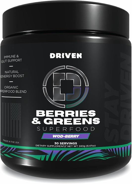 Driven B&G Berries & Greens Superfood Powder, 30 Servings - Organic Plant-Based Formula with Probiotics & Digestive Enzymes -Supports Recovery, Healthy Digestion, and Immune Function