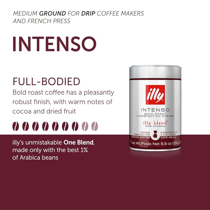 Illy Ground Drip Coffee - Intenso Bold Roast - Bold & Flavorful - 100% Arabica - Pre-Ground for Drip Pour Over - Pressurized Packaging Sealed for Freshness - 8.8oz (Pack of 6)