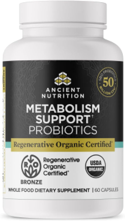Ancient Nutrition Regenerative Organic Certified Probiotics for Metabolism Support, Healthy Digestion and Immune System Function Support, 50 Billion CFUs* Per Serving, 60 Count