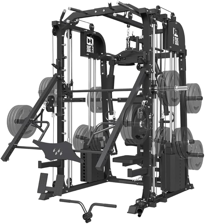 Commercial SmithMachine with Smith Bar, Home Gym Station with Dual Weight Stacks, 4000LBS Power Cage Squat Rack with Lever Arm, Leg Press, LAT Pull Down, Cable Crossover Machine for Full Body Training