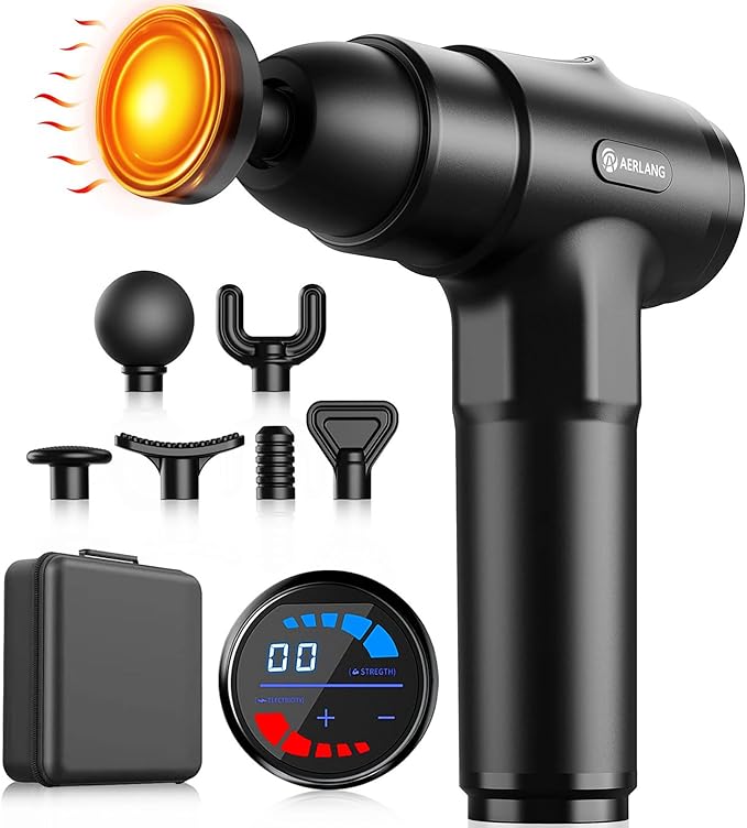 AERLANG Massage Gun with Heat Deep Tissue Back Massager Neck Massager for Pain Relief,Muscle Percussion Massage Gun, Birthday Gifts for Men Women Dad him Handheld Message Gun with 7Heads&Silent