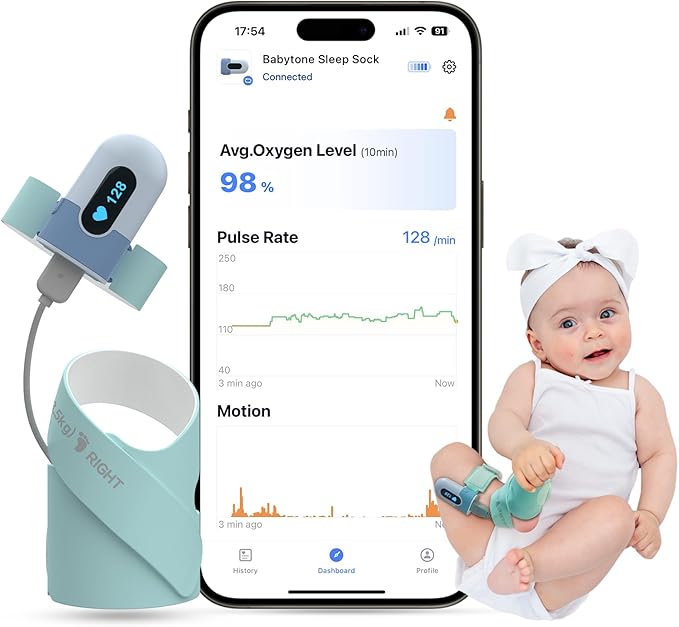 Babytone Baby Sleep Sock Monitor, Tracking Heart Rate and Movement for Newborn, Wearable Foot Monitor Smart Sock with Bluetooth and APP, for 0-36 Months Infant
