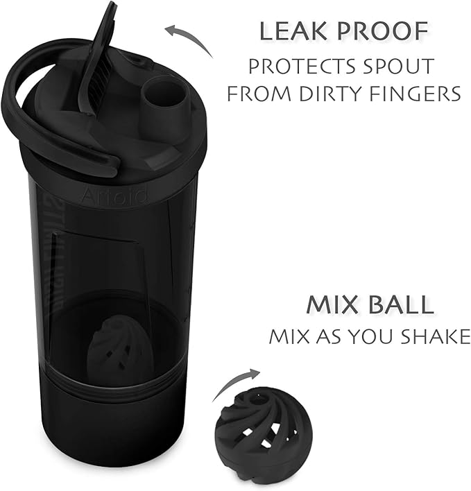 Artoid Mode Inspirational Fitness Workout Sports Protein Shaker Bottle 24-Ounce, Dual Mixing Technology with Shaker Balls & Mixing Grids Included, Twist and Lock Protein Box Storage Included
