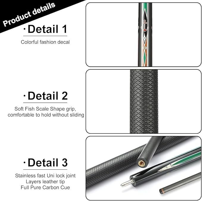 CROWN ME Carbon Fiber Pool Cue Stick, 12.5mm Tip Soft Grip Billiard Carbon Fiber cue, Weight 20OZ Cue Stick, 58" Pool Table Sticks