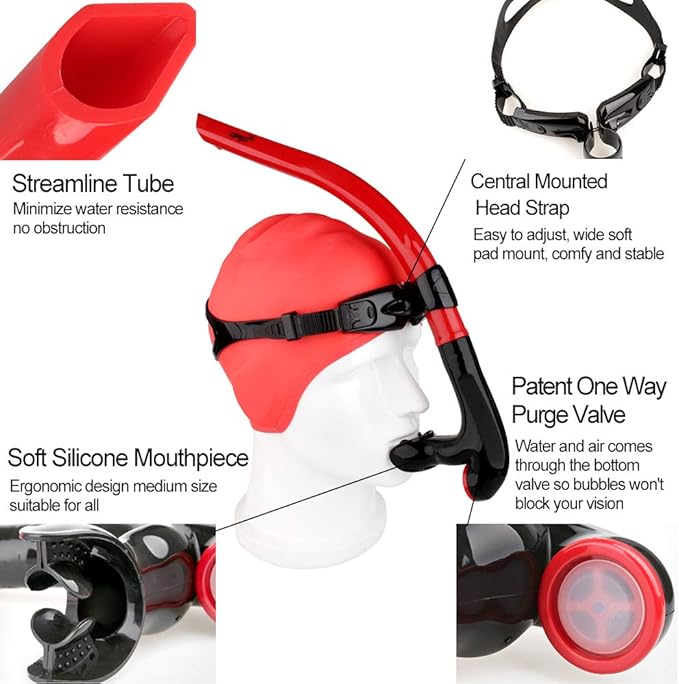 COPOZZ Swim Snorkel for Lap Swimming Swimmers Training Snorkeling Diving, Center Mount Comfortable Silicone Mouthpiece One-Way Purge Valve