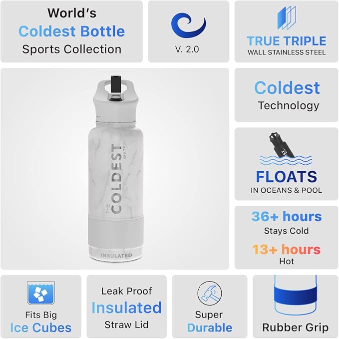 Coldest Insulated Water Bottle with Straw Lid - Stainless Steel Metal Insulated Bottle for Men & Women (Marble White, 32 oz)