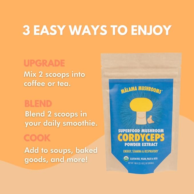 Cordyceps Extract Powder by Malama, Organic Fruiting Body Cordyceps Mushroom Powder, Superfood Adaptogenic, Supports Energy, Endurance & Mood, 100 Servings