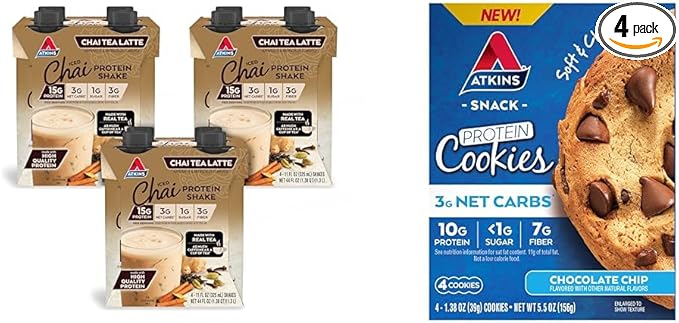 Atkins Chai Tea Latte Protein Shake with 15g Protein, 3g Net Carbs, 1g Sugar and Atkins Chocolate Chip Protein Cookie with 10g Protein, 3g Net Carbs, 1g Sugar, Keto Friendly, 4 Count