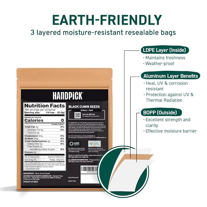 HANDPICK Black Cumin Seed (14oz) Pure Nigella Seeds - No Salt or Preservatives, Non GMO | Indian Black Whole Cumin | Gluten Free, Aromatic & Farm Fresh Kalonji | Resealable Zip Lock Pouch