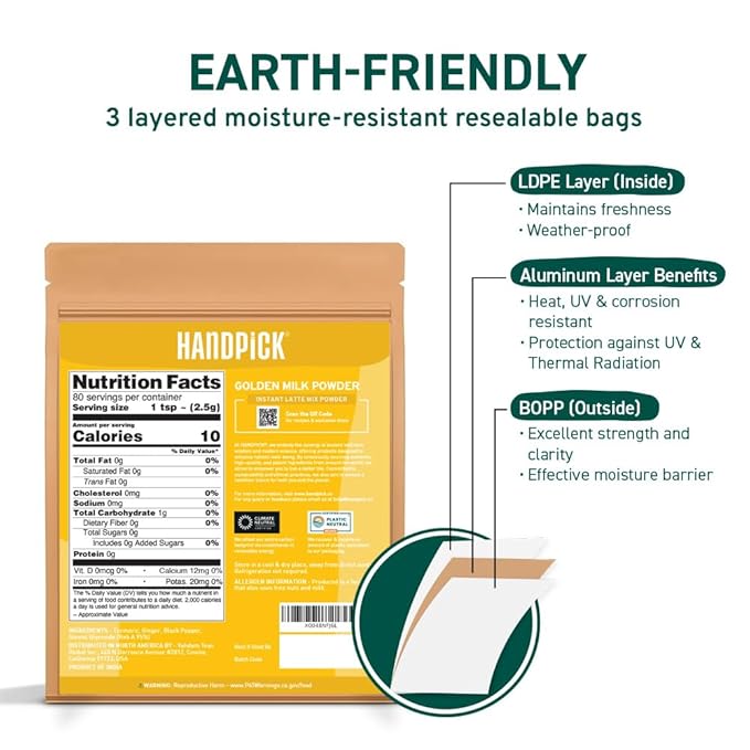 HANDPICK Golden Milk Powder with Turmeric - (7oz, 80 servings) Instant Latte Mix | Blend of Ginger, Black Pepper and Curcumin