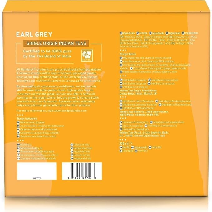 HANDPICK, Earl Grey Black Tea Bags (100 Count) Bergamot Oil | Caffeinated, Earl Grey Tea Bags | Flavoured With Citrus and Bergamot Brew Hot/Iced Tea with or without milk