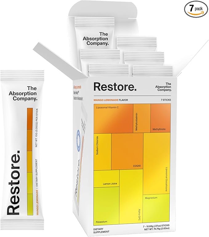 Electrolyte Powder Packets - Workout Recovery & Hydration Drink Mix with Liposomal Glutathione, Vitamin C & Methylated B Vitamins - Mango Lemonade (7 Sticks)