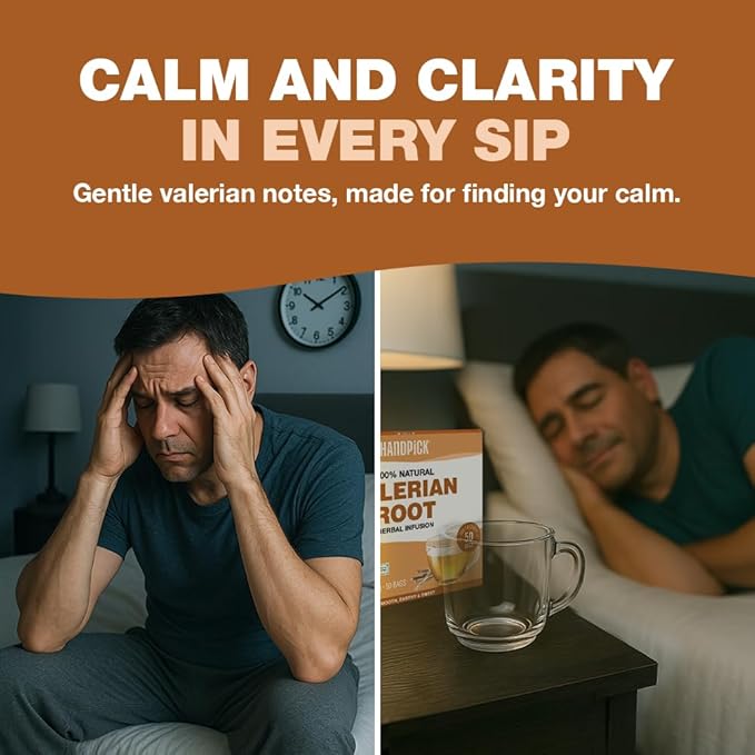 HANDPICK, Valerian Root Tea Bags (Valeriana) 50 Count | Non-GMO, Caffeine Free, Real Ingredients | Earthy/Woody Herbal Tea Bags | Round Eco-conscious Teabags