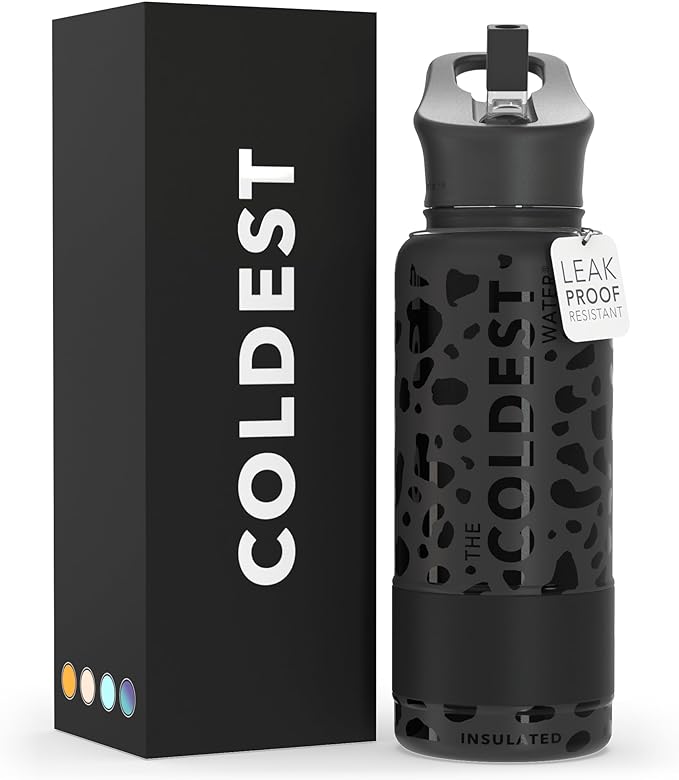 Coldest Insulated Water Bottle with Straw Lid - Stainless Steel Metal Insulated Bottle for Men & Women (Black Leopard, 32 oz)