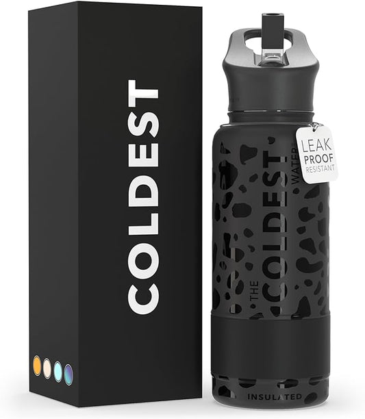 Coldest Insulated Water Bottle with Straw Lid - Stainless Steel Metal Insulated Bottle for Men & Women (Black Leopard, 32 oz)