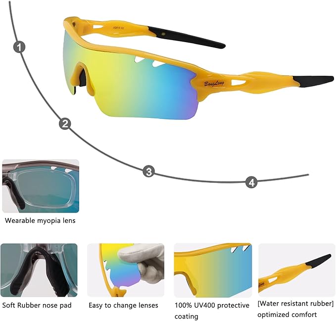BangLong Polarized Sports Sunglasses Cycling Sun Glasses for Men Women with 5 Interchangeable Lenes for Running Baseball Golf