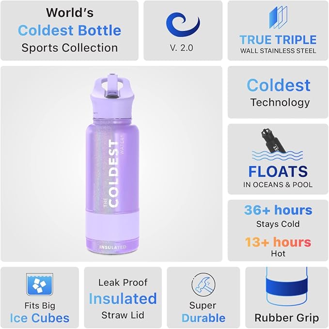 Coldest Insulated Water Bottle with Straw Lid - Stainless Steel Metal Insulated Bottle for Men & Women (Purple Glitter, 32 oz)