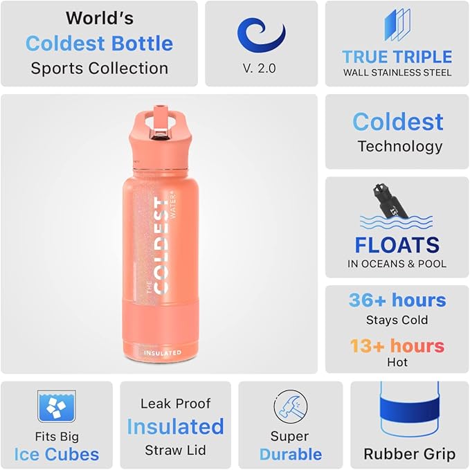Coldest Insulated Water Bottle with Straw Lid - Stainless Steel Metal Insulated Bottle for Men & Women (Pink Froze Glitter, 32 oz)