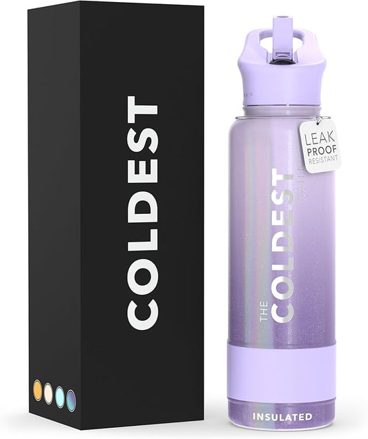 Coldest Insulated Water Bottle with Straw Lid - Stainless Steel Metal Insulated Bottle for Men & Women (Purple Ombré Glitter, 40 oz)