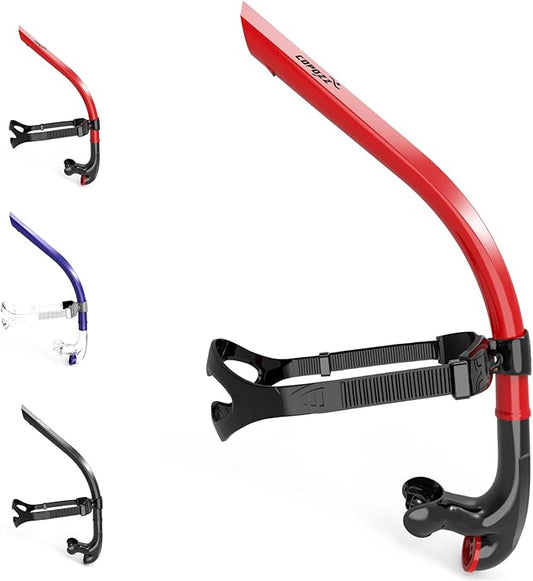 COPOZZ Swim Snorkel for Lap Swimming Swimmers Training Snorkeling Diving, Center Mount Comfortable Silicone Mouthpiece One-Way Purge Valve