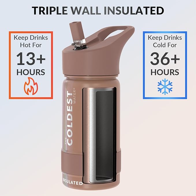Coldest Insulated Water Bottle with Straw Lid - Stainless Steel Metal Insulated Bottle for Men & Women (Rose Gold Glitter, 14 oz)