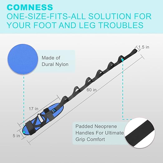 Foot and Calf Stretcher Stretching Strap For Plantar Fasciitis, Heel Spurs, Foot Drop, Achilles Tendonitis & Hamstring. Yoga & Leg Stretch Strap. (Blue)