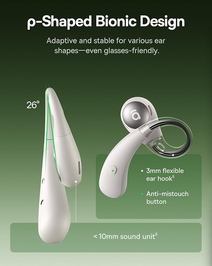 Baseus Eli Sport 2 Open-Ear Headphones Wireless Earbuds,Secure Earhook Sport Design,Ultra-Comfort,4-Mic Clear Calls, IP57 Waterproof,45H Play, Bluetooth 6.0 Earhook Fit Running Workout Gym -Green