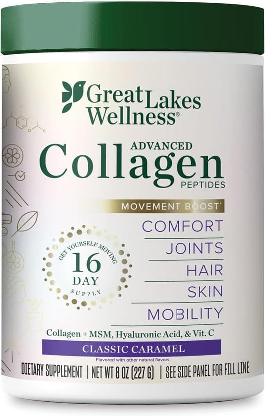 Great Lakes Wellness Movement Boost Advanced Collagen Peptides Powder with MSM, Hyaluronic Acid, Vitamin C - Joint Mobility & Comfort - Caramel Flavored - Non-GMO, Keto, Kosher - 8 oz