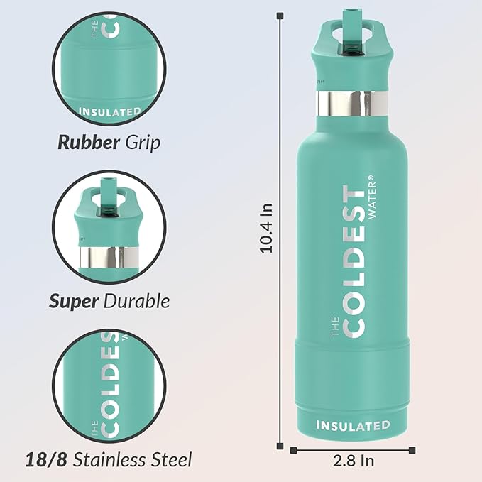 Coldest Insulated Water Bottle with Straw Lid - Stainless Steel Metal Insulated Bottle for Men & Women (Terraform Green, 21 oz)