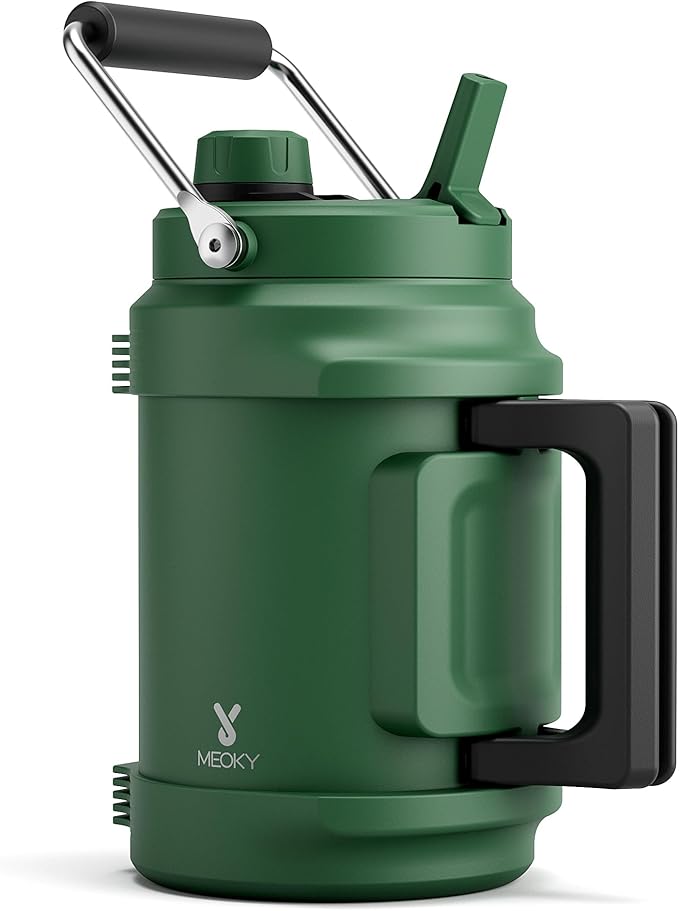 64 oz Insulated Water Bottle for Camping: Meoky Triple Wall Vacuum Stainless Steel Half Gallon Water Jug - Top and Side Handles, 2-in-1 Straw and Spout Lid, Cold for 36 Hrs, Leak Proof, BPA Free (Fir)