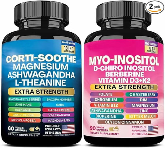 ALongDeng Soothe-Smooth Bundle,Soothe & Smooth Bundle Multivitamin Combo, Cortisol Support Myo-Inositol Multivitamin Combo with Magnesium Glycinate, Ashwagandha, L-Theanine & Herbal Blend - D