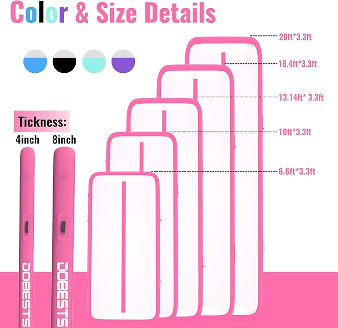 DOBESTS Inflatable Air Gymnastics Mat Tumbling Mat Tumble Track Gymnastics Training for Kids Home 6.6 feet 10 feet 13feet 16feet 20feet 4/8inch Thick for Cheerleading Dance Yoga Cheer Water With Pump