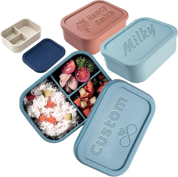 Custom Bento Box Personalized Silicone Lunch Box Engraved Name Logo,Even Your Image - Lunch Containers with 3 Compartment for Work Travel Meals Microwave Freezer Dishwasher Safe