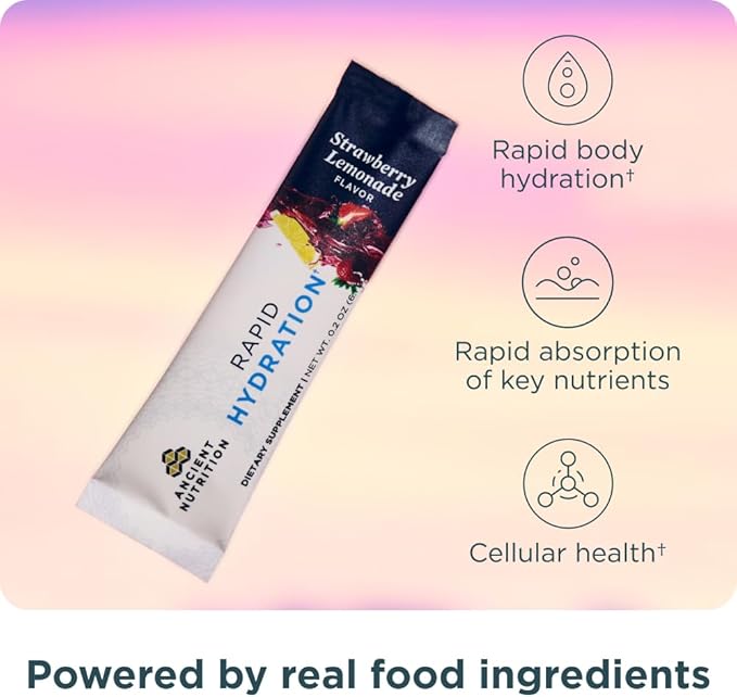 Ancient Nutrition Rapid Hydration Powder, Strawberry Lemonade, Electrolytes from Natural Sea Salts and Red Marine Algae, Supports Rapid Body Hydration and Cellular Health, 15 Servings