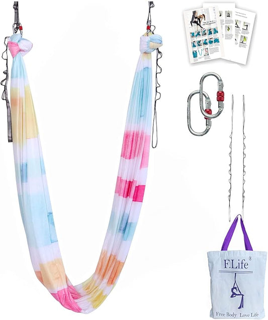 F.Life Aerial Yoga Hammock kit- Yoga Swing Multicolor 5 yards-Flying Yoga Include Daisy Chain,Carabiner and Pose Guide